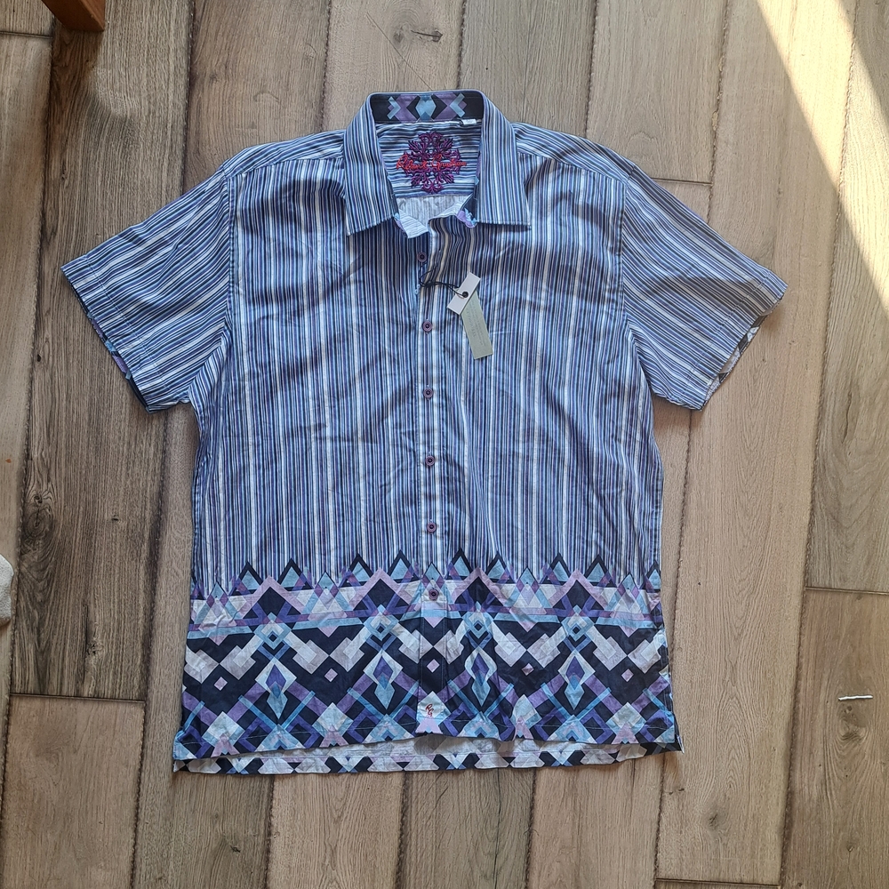 Men's Blue Striped Shirt with Geometric Pattern